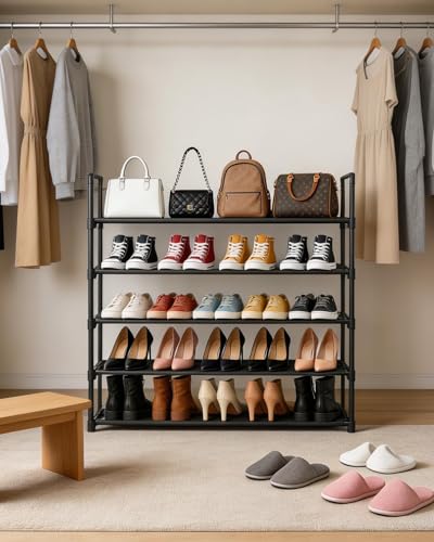 5 Tier Shoe Rack Large Capacity, 34.3" Wide Adjustable Shoe Organizer for 20-25 Pairs, Sturdy Non-Woven Shoe Rack Shelf Multi-Purpose Storage Unit for Closet, Hallway, Entryway,Garage,Black - size: 5-Tier(Black)-Wide