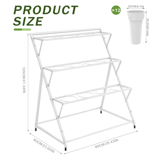 Flower Display Stand with 12 Buckets 3 Tier Flower Cart Display Stand White Metal Flower Bar Stand Moving Flower Stand Floral Bouquet Shelf for Indoor Outdoor Garden Wedding Party