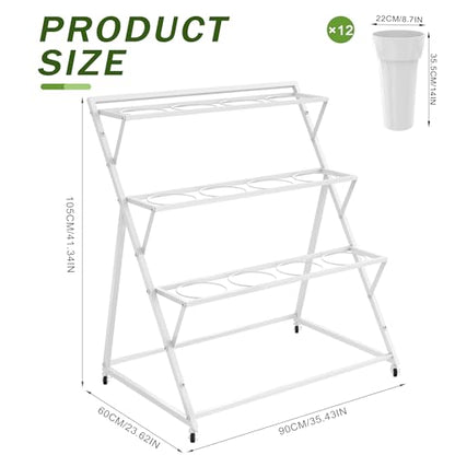 Flower Display Stand with 12 Buckets 3 Tier Flower Cart Display Stand White Metal Flower Bar Stand Moving Flower Stand Floral Bouquet Shelf for Indoor Outdoor Garden Wedding Party