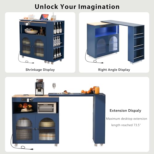 Rolling Kitchen Island with Extendable Swivel Table and Power Outlet, Kitchen Island on Wheels with Storage Cabinet, Fluted Glass Doors and Open Shelves for Small Spaces, Navy Blue - color: Navy Blue
