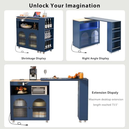 Rolling Kitchen Island with Extendable Swivel Table and Power Outlet, Kitchen Island on Wheels with Storage Cabinet, Fluted Glass Doors and Open Shelves for Small Spaces, Navy Blue - color: Navy Blue