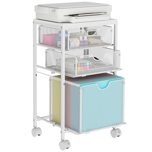 BOHDK Rolling File Cart with 3 Storage Drawers, Wood & Mesh Hanging File Folder Organizer with Wheels Under Desk, File Cabinets for Home Office, 11.81" D x 14.8" W x 25.39" H, White - color: White