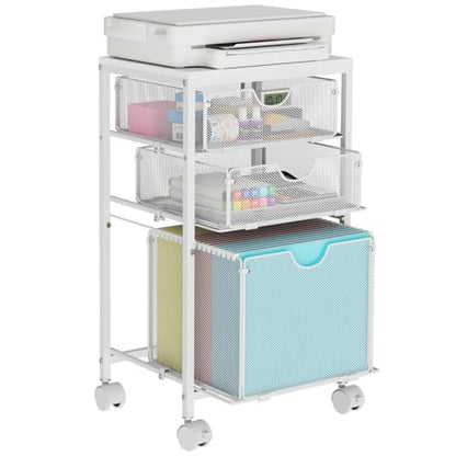 BOHDK Rolling File Cart with 3 Storage Drawers, Wood & Mesh Hanging File Folder Organizer with Wheels Under Desk, File Cabinets for Home Office, 11.81" D x 14.8" W x 25.39" H, White - color: White