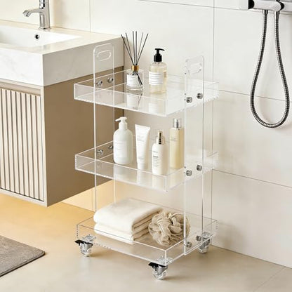 3-Tier Acrylic Utility Rolling Cart,Clear Multifunction Storage Organizer on Wheels Mobile Trolly Side Table for Home Kitchen Bathroom Living Room,Narrow Space Snack Cart
