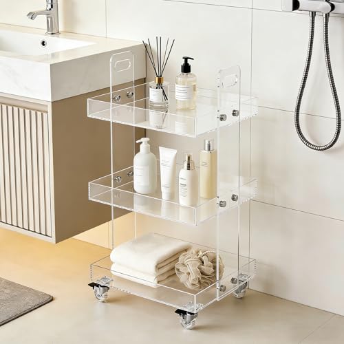 3-Tier Acrylic Utility Rolling Cart,Clear Multifunction Storage Organizer on Wheels Mobile Trolly Side Table for Home Kitchen Bathroom Living Room,Narrow Space Snack Cart