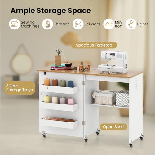 Giantex Folding Sewing Table with Charging Station, Storage Trays & Shelf | Rolling Craft Table with Lockable Wheels, Foldable Sewing Machine Cabinet Desk for Small Spaces, Dorms, White & Natural - color: White & Natural