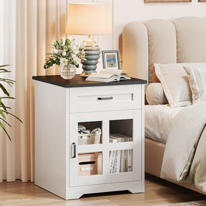 Farmhouse End Table Set of 2, 18" Square Side Table with Drawer and Barn Door Storage, Wood Couch Side Table for Living Room, Bedroom, White - size: 2PCS