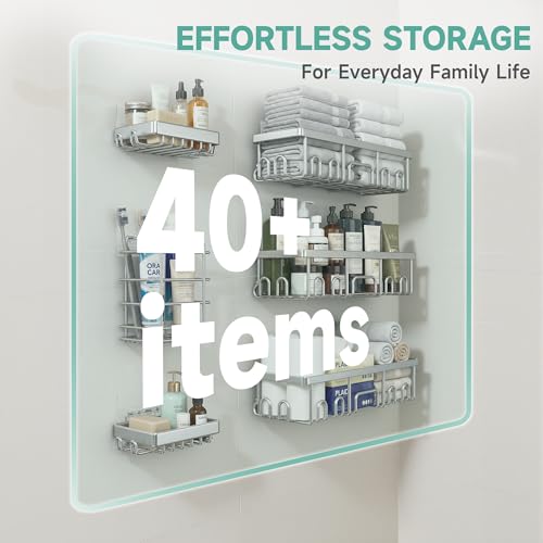 Veken Shower Caddy 6-Pack, Family Choice Award Winner, Large Wall Mounted Shower Rack, Bathroom Shelves Over Toilet, Organizer Storage Accessories with Soap Dish&Toothbrush Holder - color: Silver