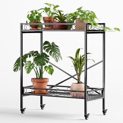 Zhongma 2 Tier Window Height Sturdy Metal Plant Stand with Wheels, 32.7x16x39.4 Inch High, Heavy Duty Succulent Shelf for Home Indoor and Outdoor, 440 LBS Capacity & Heavy Duty Construction - color: 2 Tier 32.7x16x39.4 inch