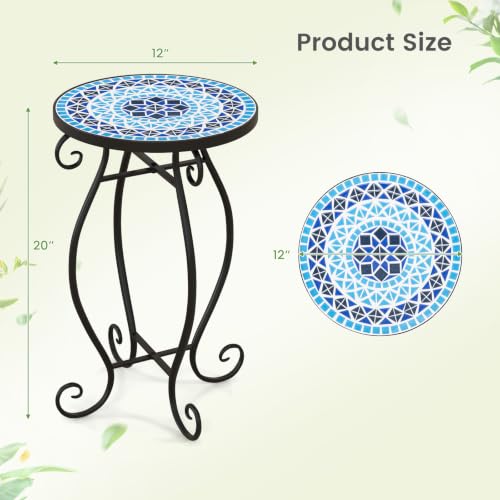 Giantex Outdoor Side Table, Mosaic Patio Table, 12inch Accent Table Plant Stand Indoor, Mosaic Ceramic Tile Top Metal Frame, Small End Table Porch Beach Patio Garden Balcony Poolside - style: Ocean