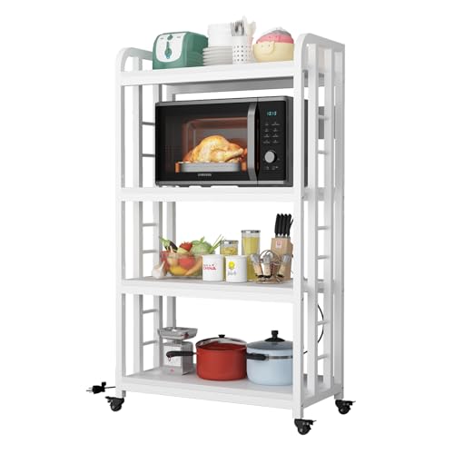 SIREDEEP Bakers Rack with Power Outlet ，4-Tier Kitchen Baker's Rack,Microwave Stand with Storage Suitable for Kitchen,Microwave Cart, Living Room, Dinning Room，Coffee Bar（White） - color: White