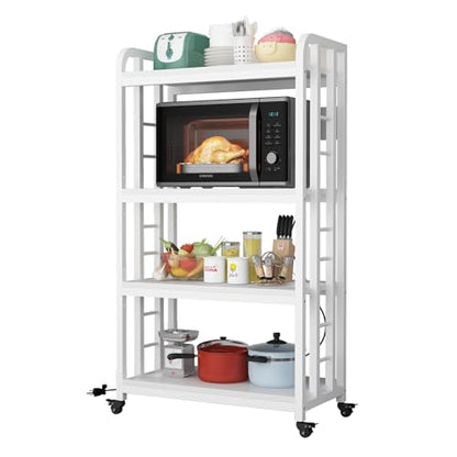 SIREDEEP Bakers Rack with Power Outlet ，4-Tier Kitchen Baker's Rack,Microwave Stand with Storage Suitable for Kitchen,Microwave Cart, Living Room, Dinning Room，Coffee Bar（White） - color: White