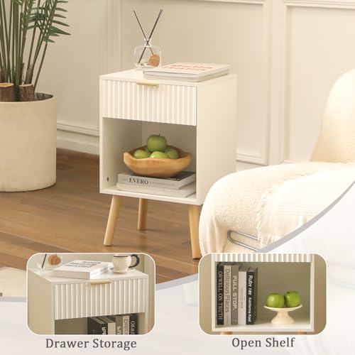 Fultyle White Nightstand with Charging Station, Mid Century Modern Bedside Table with Drawers and Outlet, Side Tables Living Room, Wooden Night Stand for Bedroom, Office (White) - color: White With Charging Station