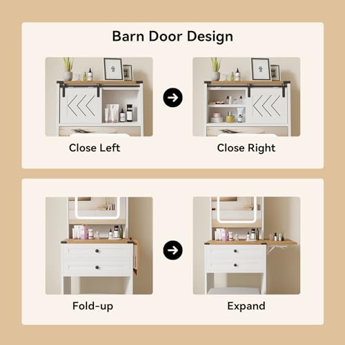 ARTETHYS Farmhouse Small Vanity Desk with Mirror Cabinet & Storage Chair | Mini Makeup Vanities Set with Fold-up Panel, White Dressing Table with 3 Adjustable Lights for Compact Space - color: White and Brown