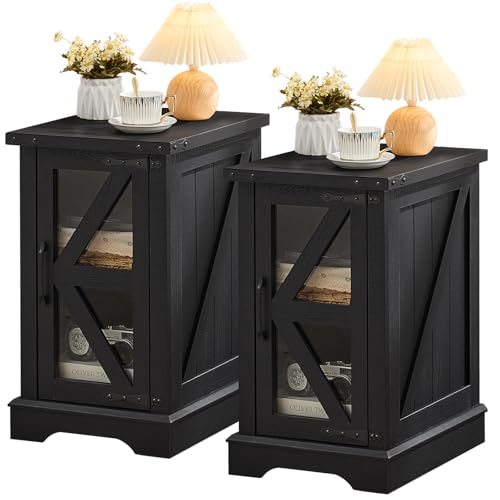 Joaxswe Narrow Night Stand Set 2, Farmhouse Side End Table with Glass Barn Door Storage, Bedside Tables, Black Nightstand Cabinet Organizer for Small Spaces Living Room Bedroom - color: Classic Black, size: without Charger