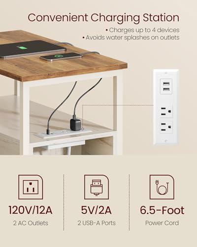 VASAGLE Side End Table with Charging Station, Slim Nightstand with 2 Drawers, Narrow Bedside Table for Living Room, Small Spaces, 18.9 x 11.8 x 24 Inches, Honey Brown and Rustic White ULET324W101S - color: Honey Brown + Rustic White, size: 18.9"D x 11.8"W