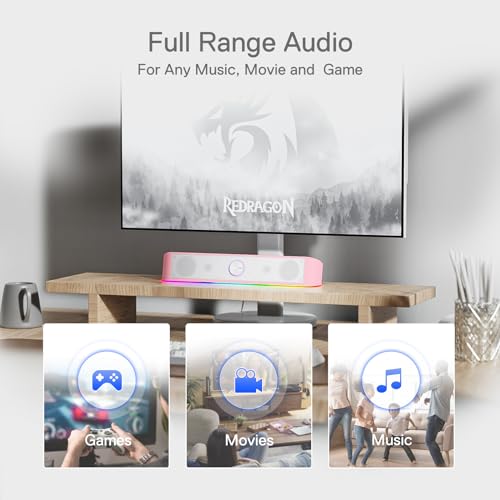 Redragon GS560 RGB Desktop Soundbar, 2.0 Channel Computer Speaker with Dynamic Lighting Bar Audio-Light Sync/Display, Touch-Control Backlit with Volume Knob, USB Powered w/ 3.5mm Cable, Pink - color: Pink