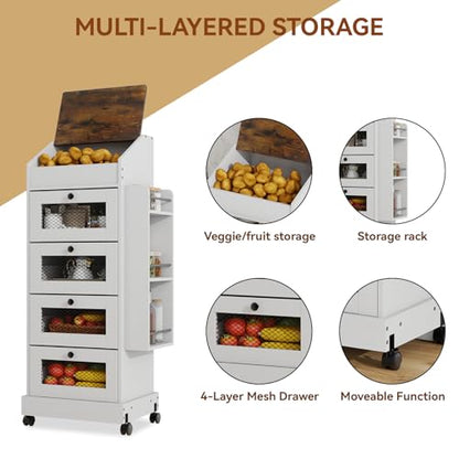 ARTETHYS Potato Storage Bin 5-Tier Rolling White Bread Box with Side Rack | Onion Keeper with Spice Rack on Wheels, Movable Fruit & Vegetable Container with 4 Ventilated Drawers for Kitchen - color: White