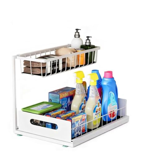 Under Sink Organizer, 2 Tier Pull-Out Cabinet Storage Shelf, Rust-Resistant Metal Organizer for Kitchen Bathroom Laundry Room, No Tools Installation, 1 Pack White - color: 1 Pack-White