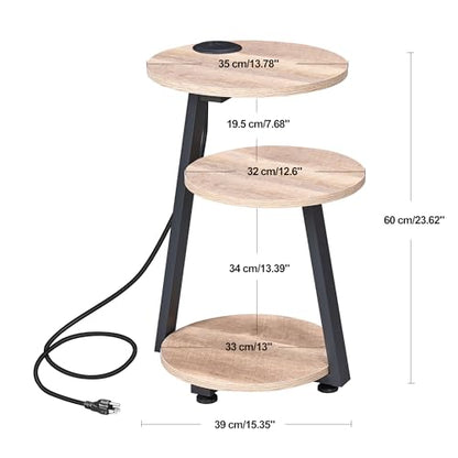 BEWISHOME Round End Table with Charging Station, Side Accent Table with 3-Tier Shelves, Small Couch Table for Living Room Greige KTZ51G - color: Beige, size: with PowerOutlet