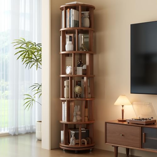 6 Tier Rotating Bookshelf Tower, Solid Wood Bookshelf on Wheels, Circular Book Shelf Rotating, Revolving Bookcase for Small Spaces, Corner Book Case, Spinning Book Shelf for Bedroom, Walnut - color: Walnut, size: 6 Tier
