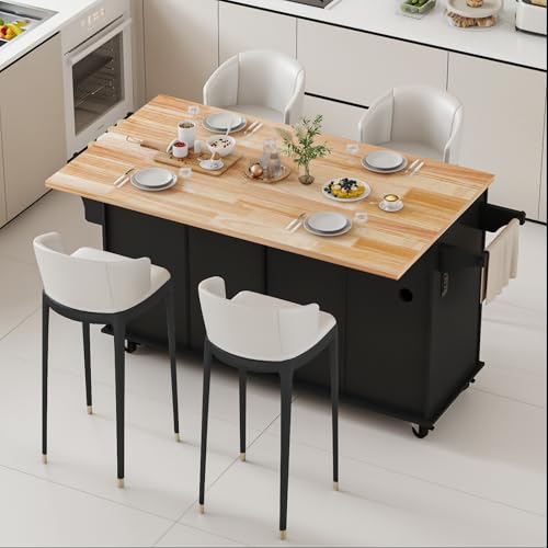 Kitchen Island Cart with Wood Top and Drop Leaf, Rolling Kitchen Island Table on Wheels with Drawer, Storage Cabinet, Spice Rack and Towel Rack for Dining Room, Black - size: 67.1" W, style: Black