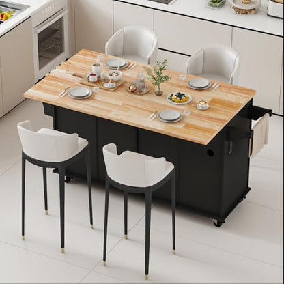 Kitchen Island Cart with Wood Top and Drop Leaf, Rolling Kitchen Island Table on Wheels with Drawer, Storage Cabinet, Spice Rack and Towel Rack for Dining Room, Black - size: 67.1" W, style: Black