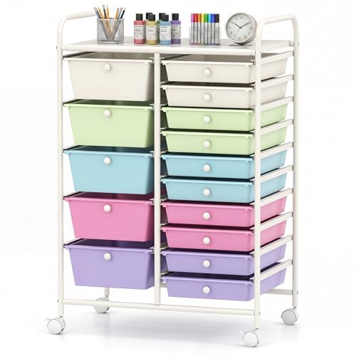 GOFLAME 15-Drawer Rolling Storage Cart, Craft Storage Cart with Removable Drawers & Lockable Wheels, Art Cart Supply Storage Organizer for Home Office Classroom, Ice Cream - color: Ice Cream, size: 15 drawer-25"x14.5"x34.5"