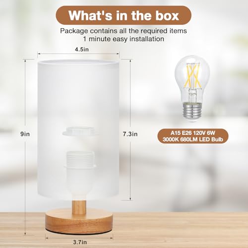 Fenmzee Small Table Lamp for Bedroom - Inline Control, Bedside Lamp with 3000K A15 LED Blub, Easy Assembly (White Shade - Wood Base, 9" Inline Control) - color: White Shade - Wood Base