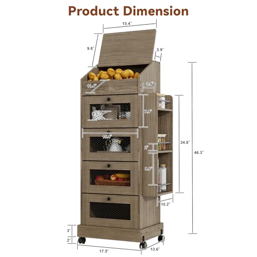 ARTETHYS Potato Storage Bin 5-Tier Rolling White Bread Box with Side Rack | Onion Keeper with Spice Rack on Wheels, Movable Fruit & Vegetable Container with 4 Ventilated Drawers for Kitchen - color: Gray