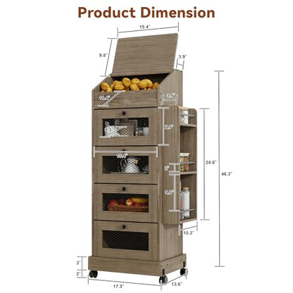ARTETHYS Potato Storage Bin 5-Tier Rolling White Bread Box with Side Rack | Onion Keeper with Spice Rack on Wheels, Movable Fruit & Vegetable Container with 4 Ventilated Drawers for Kitchen - color: Gray