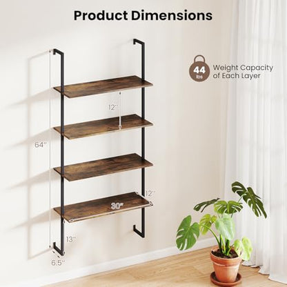Tangkula 4-Tier Wall-Mounted Bookshelf, Industrial Floating Storage Display Shelves with Metal Frame, Wall-Mounted Ladder Wooden Bookcase for Living Room, Kitchen, Bar, Office (1, Brown) - color: Brown