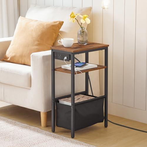 HOOBRO Small Narrow Side Table, Narrow End Table with Charging Station, Extra Slim Nightstand with Storage, Skinny End Table for Small Spaces for Living Room, Rustic Brown and Black BF125UBZ01