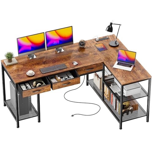 PRAISUN 55 Inch L Shaped Office Desk with Power Outlets and Type-C Port, Large Computer Gaming Desk with 3 Fabric Drawers, Mesh Shelves, Corner Study Work Writing Desk, Rustic Brown - color: Rustic Brown, size: 55.1inch
