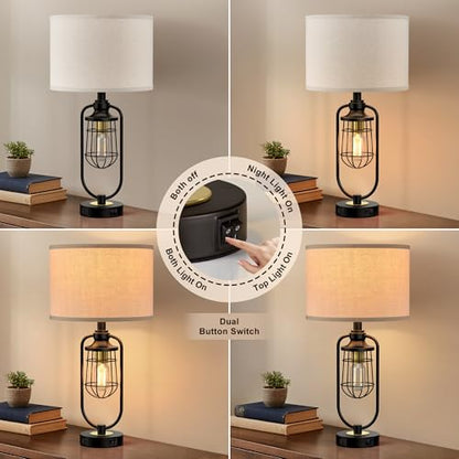 Table Lamps for Living Room Set of 2, Farmhouse Lamps for Night Stands, Industrial Bedside Lamps for Bedroom End Table with USB A+C, Bulbs Included - color: Black-Gold