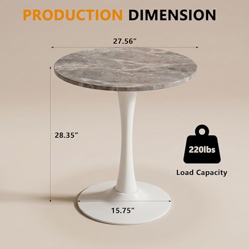 27.6" Marble Round Tulip Table, Mid-Century Modern Style Dining Table with White Pedestal Base for 2-4 People, Featuring A Marble Tabletop for Kitchen, Dining Room, Cafe (Dark Grey) - color: Dark Grey#white
