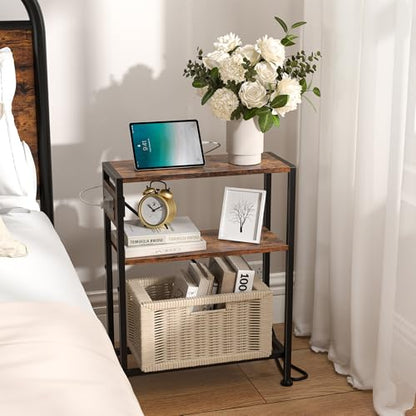 Small Narrow Side Table with Charging Station, Skinny End Table for Small Spaces, Slim Nightstand with Outlets, Sofa Bedside Table in Living Room, Bedroom, Study, Kitchen and Balcony (Rustic Brown) - color: Rustic Brown