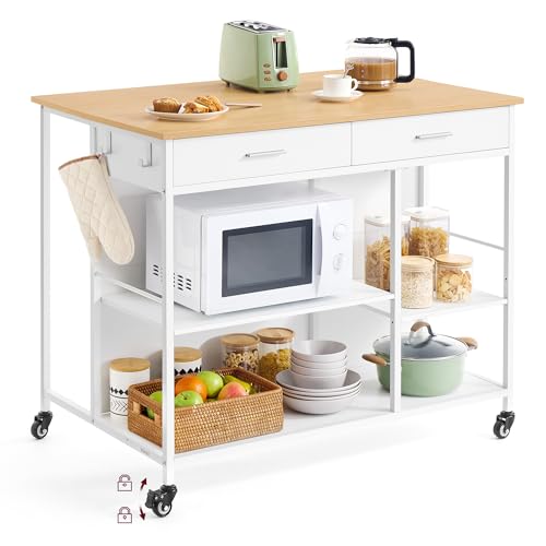 VASAGLE Kitchen Rolling Island, Mobile Kitchen Cart with Storage on Wheels, 27.6 x 43.3 x 35.4 Inches, 2 Drawers, 2 Hooks, for Dining Room, Oak Beige and Matte White UKKI011Y01 - color: Oak Beige + Matte White, size: 27.6"D x 43.3"W x 35.4"H
