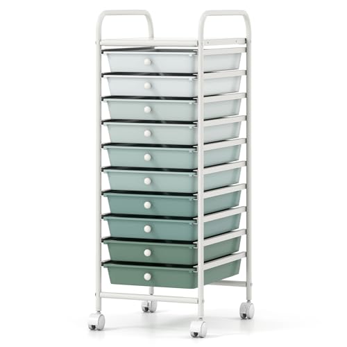GLACER 10 Drawers Rolling Cart, Storage Cart with w/Removable Drawers & Steel Frame, Utility Mobile Trolley w/Universal Casters & 2 Brakes, Organizer Cart for Home, Office (Green Gradient) - color: Green Gradient, size: 10 Drawers (Small)