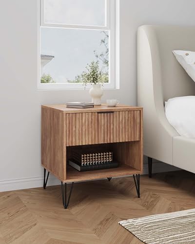 JOSHEN Sturdy Metal Legs Nightstand, Bedside Stand with Textured Drawer, Accent Table for Bedroom for Indoor use, Brown - color: Brown