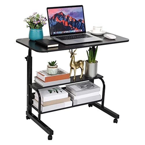 Rolling Adjustable Height Laptop Desk Black 2-Tier Storage Workstation | 28-40in Height Adjustment,Rolling Casters,2-Tier Storage Shelves,Waterproof Tabletop,Black Over Bed Home Office Desk - color: Black
