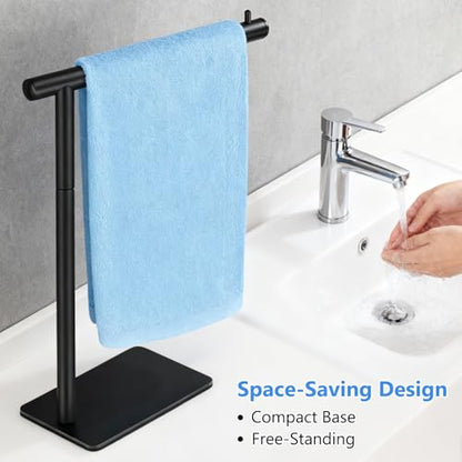 Hand Towel Holder, Stainless Steel Towel Holder Stand for Bathroom, L-Shaped Hand Towel Rack Standing for Vanity Kitchen Countertop, Black