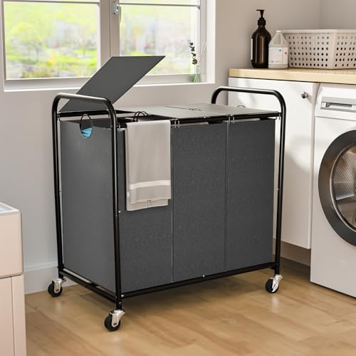 180L (47.55 Gal) Laundry Sorter 3 Section, Rolling Laundry Basket with Lockable Wheels and Lid, Laundry Hamper with 3 Separated Removable Bags Dirty Clothes Hamper for Laundry Room Organizer, Grey - color: Grey-3Sec, size: 47.55Gal