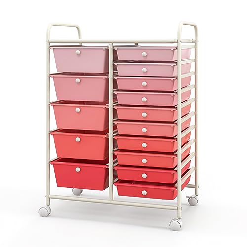 DREAMADE Rolling Cart with 15 Drawers, Rolling Drawer Organizer Cart w/Lockable Wheels, Removable & 2-Sized Storage Drawers, Art Cart for School Home Art Supplies Crafts File Scrapbook (Mixed Pink) - color: Mixed Pink, size: 25"L x 14.5"W x 34.5"H