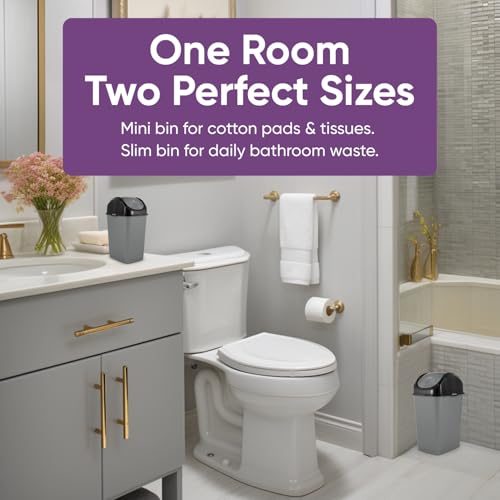 Superio Mini 1.25 Gallon and Small 2.5 Gallon Plastic Trash Cans with Swing Top Lid, Grey Waste Bin for Countertop, Desk, Vanity, Bathroom, 2 Pack (Grey/Black) - size: 1.25 and 2.5 Gallon