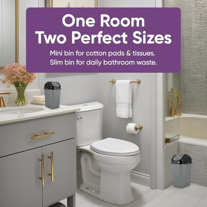 Superio Mini 1.25 Gallon and Small 2.5 Gallon Plastic Trash Cans with Swing Top Lid, Grey Waste Bin for Countertop, Desk, Vanity, Bathroom, 2 Pack (Grey/Black) - size: 1.25 and 2.5 Gallon