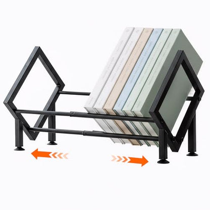 Expandable Desktop Bookshelf Organizer, Metal Office Tabletop Book Storage Rack, Large Tilting Bookcase for Books/CDs/Magazine Display, Desk Shelf for Top of Desk in Living Room, Home, Office (Black)