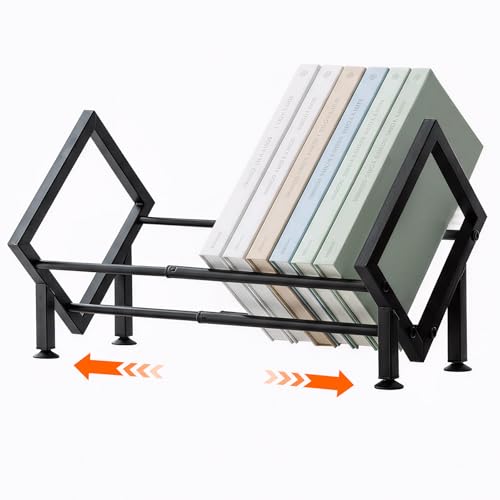 Expandable Desktop Bookshelf Organizer, Metal Office Tabletop Book Storage Rack, Large Tilting Bookcase for Books/CDs/Magazine Display, Desk Shelf for Top of Desk in Living Room, Home, Office (Black)