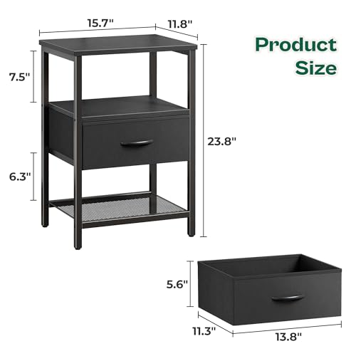 Huuger Nightstand Set of 2, Night Stand with Fabric Drawer, Mesh Shelf, Side Table with Storage, Fabric Drawer Dresser, Open Shelf, Metal Frame, Bedroom, Black - color: Black