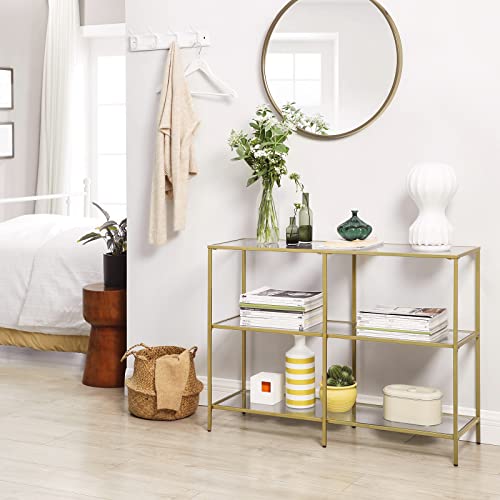 VASAGLE 39.4 Inch Console Table with 3 Shelves, Sofa Tables, Modern Entryway Table, Metal Frame, Tempered Glass Shelf, Entryway Living Room Bedroom, Metallic Gold and Transparent ULGT27G - color: Metallic Gold + Transparent, size: 39.4"W